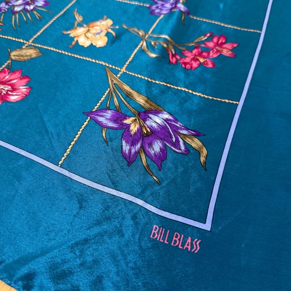 Vintage Bill Blass Silk Scarf, Deep Teal with Floral Garden Print Large square - Picture 2 of 8